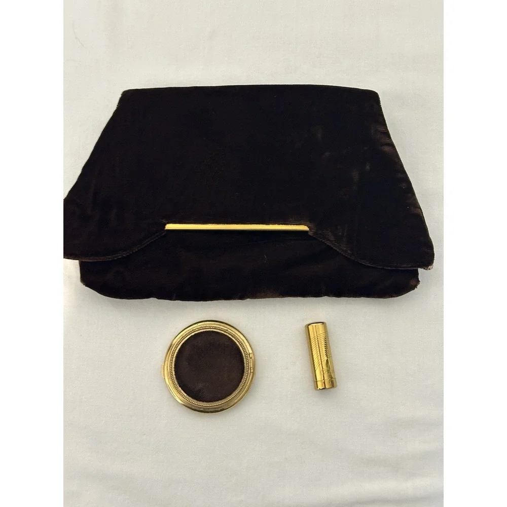 Vintage 50s Brown Velvet Fold Over Clutch Dance Purse Vanity Bag Compact‎